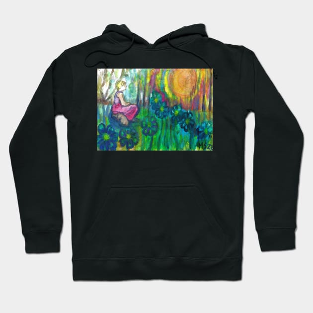 Landscape with Overgrown Flowers and A Thoughtful Girl Hoodie by Marsal